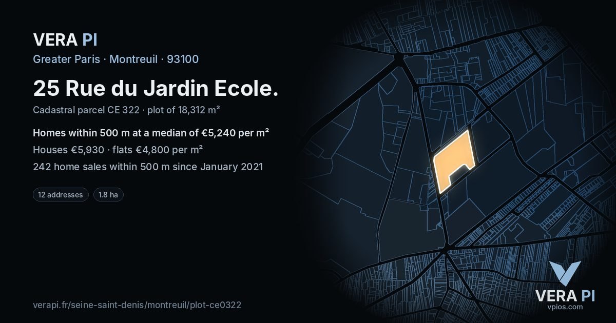 25 Rue du Jardin Ecole, Montreuil at night – the plot lit, the parcels around coloured by the prices near them