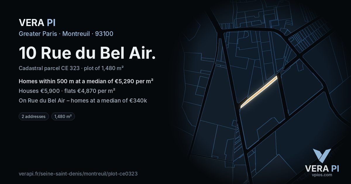 10 Rue du Bel Air, Montreuil at night – the plot lit, the parcels around coloured by the prices near them
