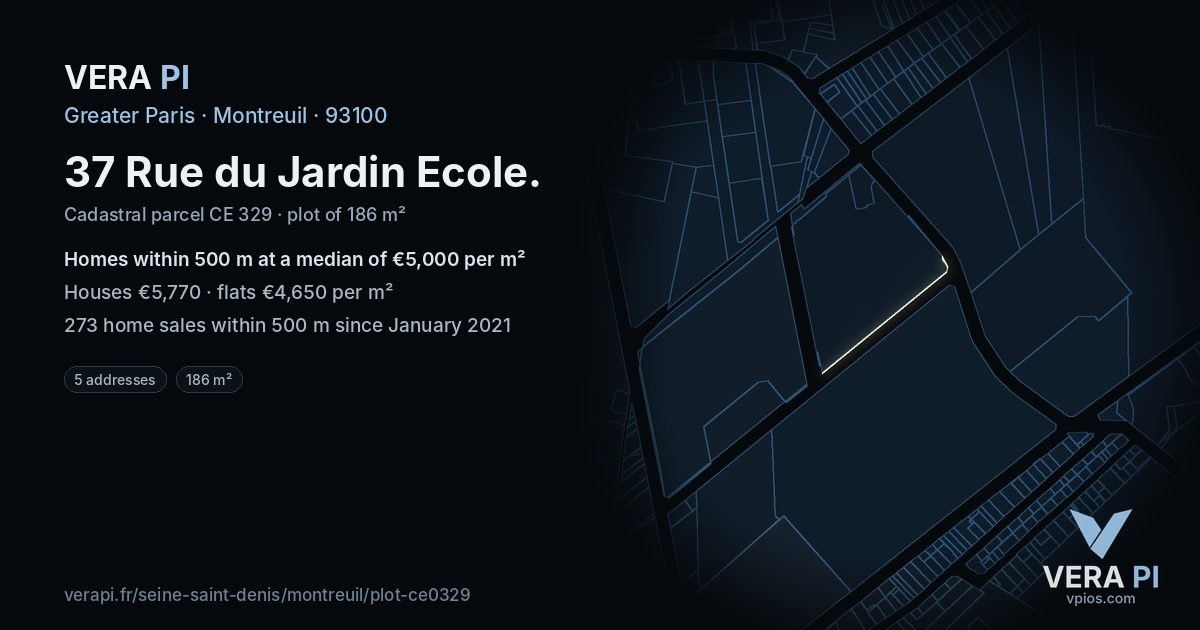 37 Rue du Jardin Ecole, Montreuil at night – the plot lit, the parcels around coloured by the prices near them