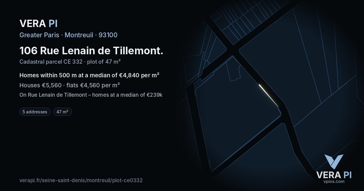 106 Rue Lenain de Tillemont, Montreuil at night – the plot lit, the parcels around coloured by the prices near them