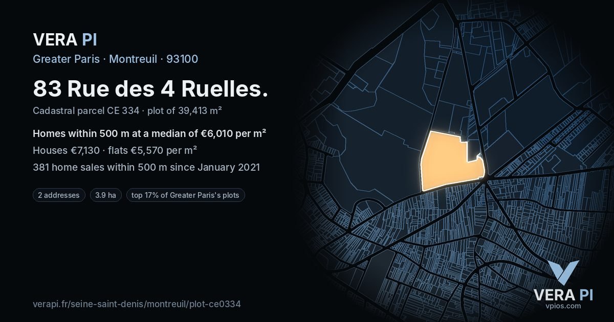 83 Rue des 4 Ruelles, Montreuil at night – the plot lit, the parcels around coloured by the prices near them