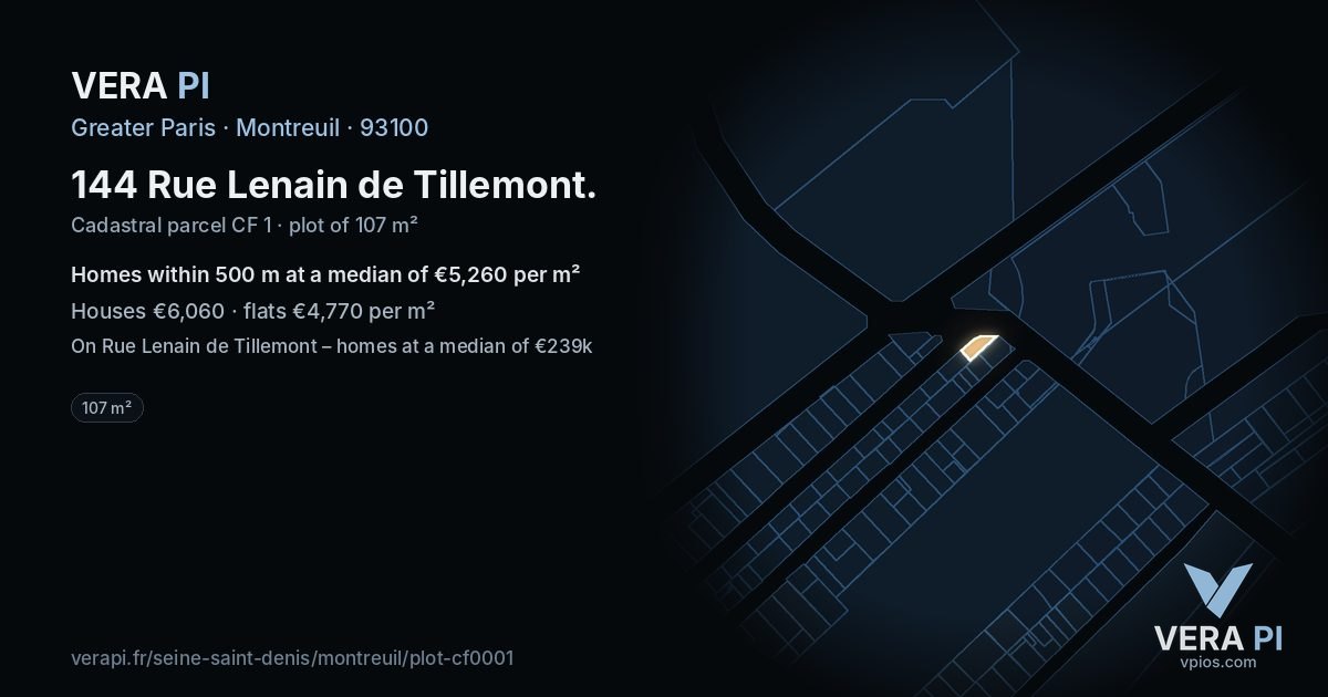 144 Rue Lenain de Tillemont, Montreuil at night – the plot lit, the parcels around coloured by the prices near them