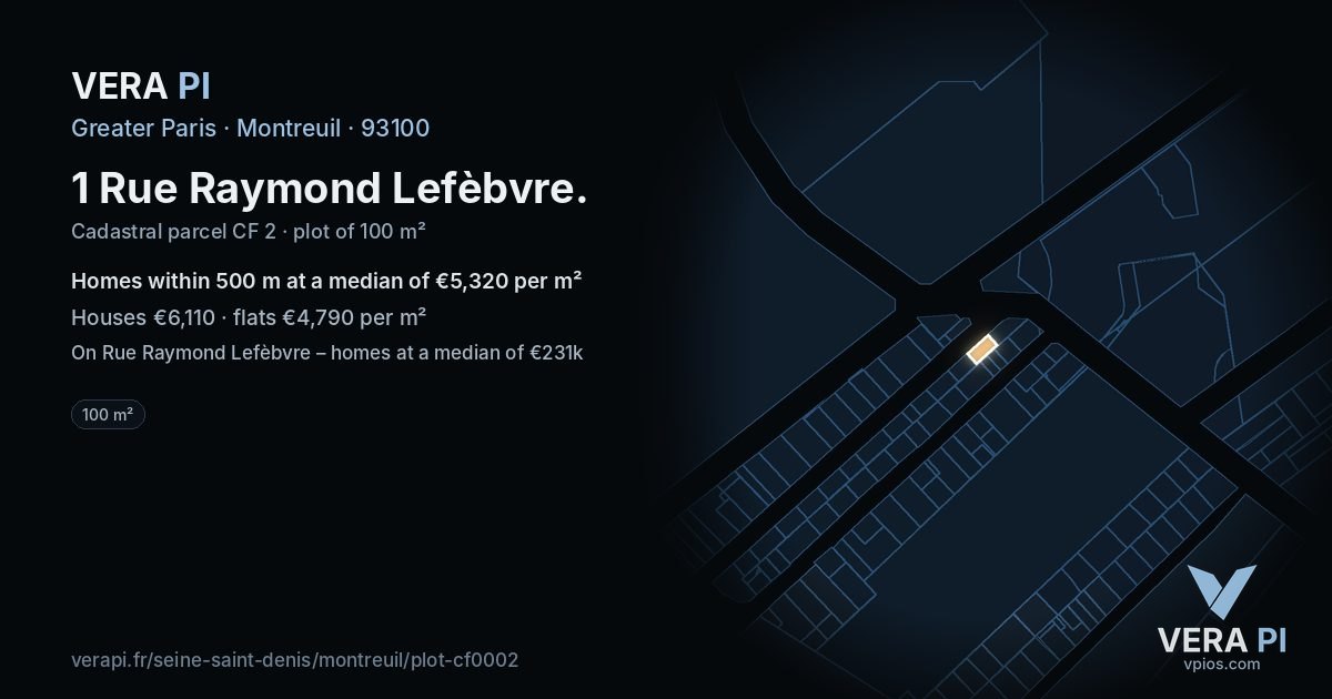 1 Rue Raymond Lefèbvre, Montreuil at night – the plot lit, the parcels around coloured by the prices near them