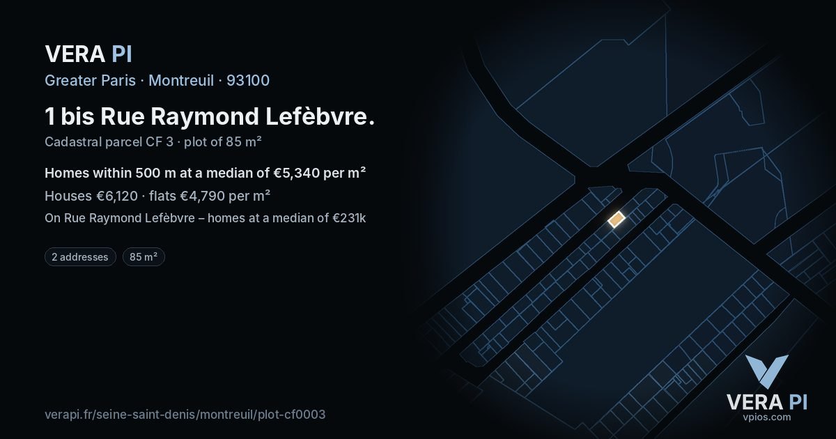 1 bis Rue Raymond Lefèbvre, Montreuil at night – the plot lit, the parcels around coloured by the prices near them