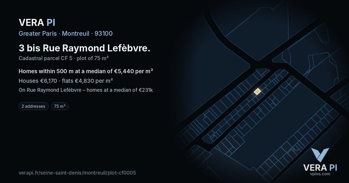 3 bis Rue Raymond Lefèbvre, Montreuil at night – the plot lit, the parcels around coloured by the prices near them