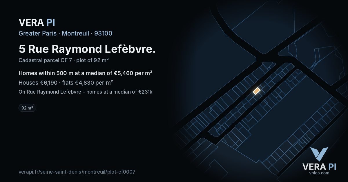 5 Rue Raymond Lefèbvre, Montreuil at night – the plot lit, the parcels around coloured by the prices near them