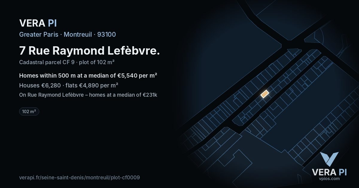 7 Rue Raymond Lefèbvre, Montreuil at night – the plot lit, the parcels around coloured by the prices near them