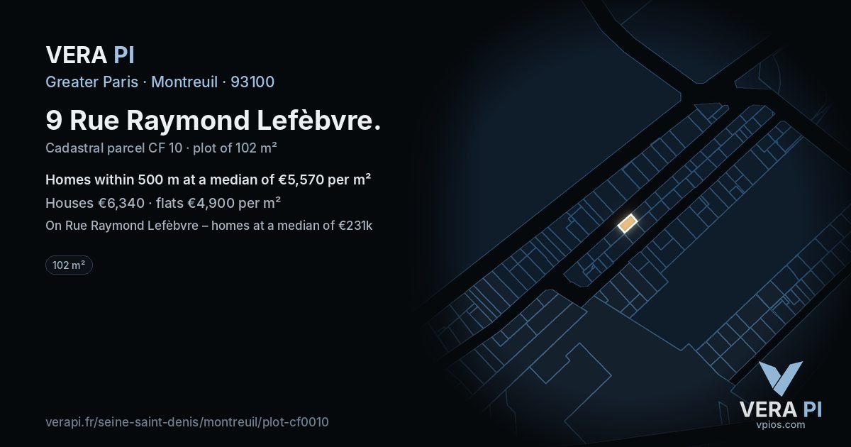 9 Rue Raymond Lefèbvre, Montreuil at night – the plot lit, the parcels around coloured by the prices near them
