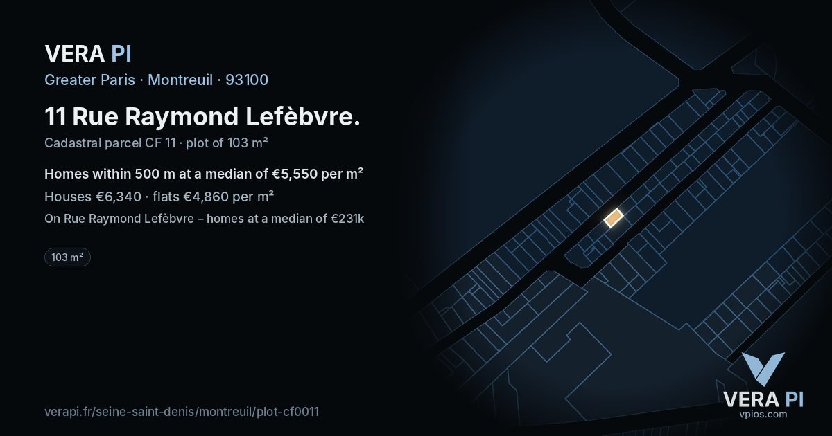 11 Rue Raymond Lefèbvre, Montreuil at night – the plot lit, the parcels around coloured by the prices near them