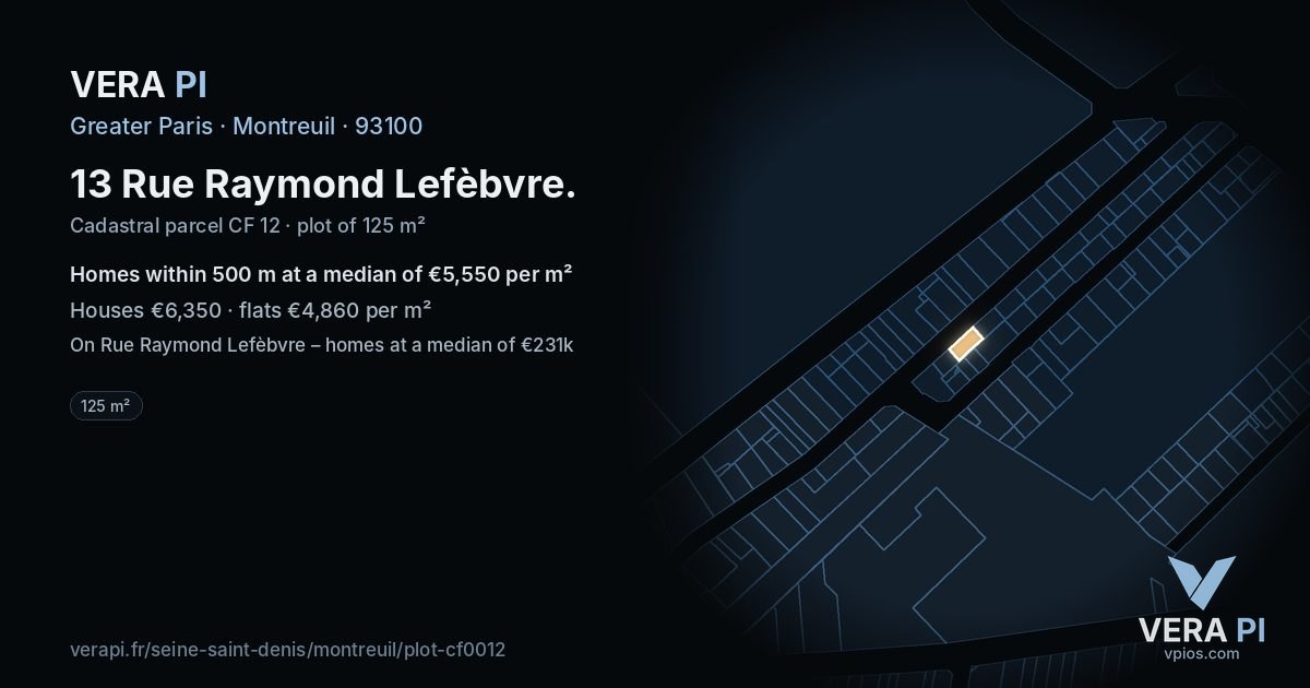 13 Rue Raymond Lefèbvre, Montreuil at night – the plot lit, the parcels around coloured by the prices near them