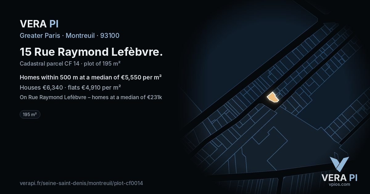 15 Rue Raymond Lefèbvre, Montreuil at night – the plot lit, the parcels around coloured by the prices near them