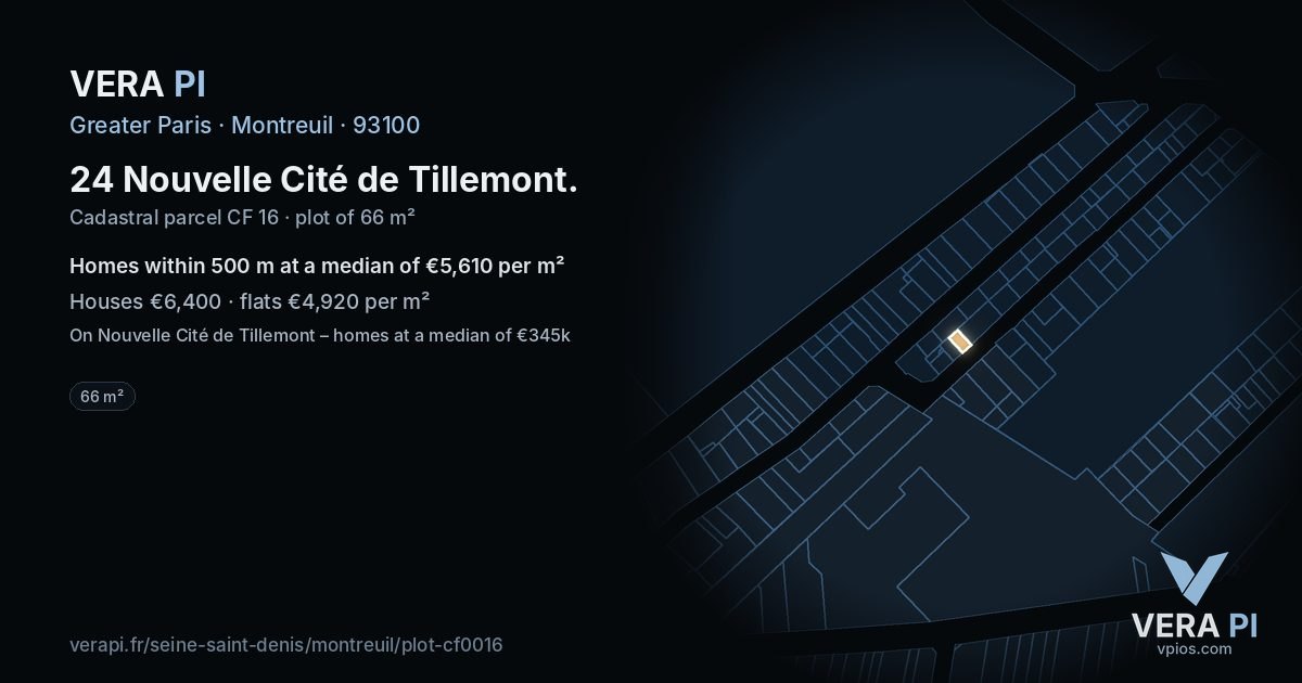 24 Nouvelle Cité de Tillemont, Montreuil at night – the plot lit, the parcels around coloured by the prices near them