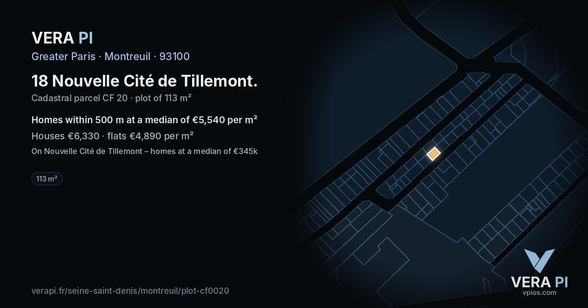 18 Nouvelle Cité de Tillemont, Montreuil at night – the plot lit, the parcels around coloured by the prices near them