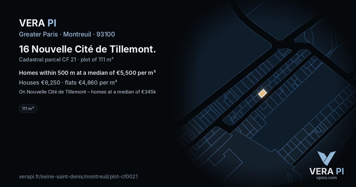 16 Nouvelle Cité de Tillemont, Montreuil at night – the plot lit, the parcels around coloured by the prices near them