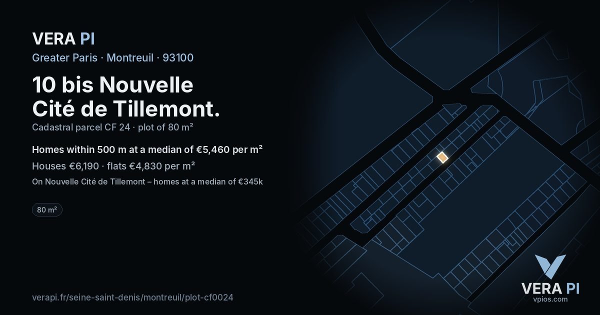 10 bis Nouvelle Cité de Tillemont, Montreuil at night – the plot lit, the parcels around coloured by the prices near them