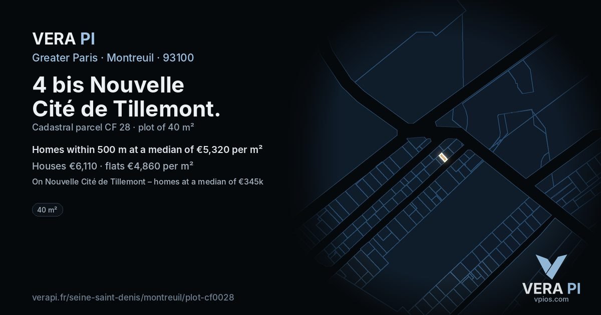 4 bis Nouvelle Cité de Tillemont, Montreuil at night – the plot lit, the parcels around coloured by the prices near them