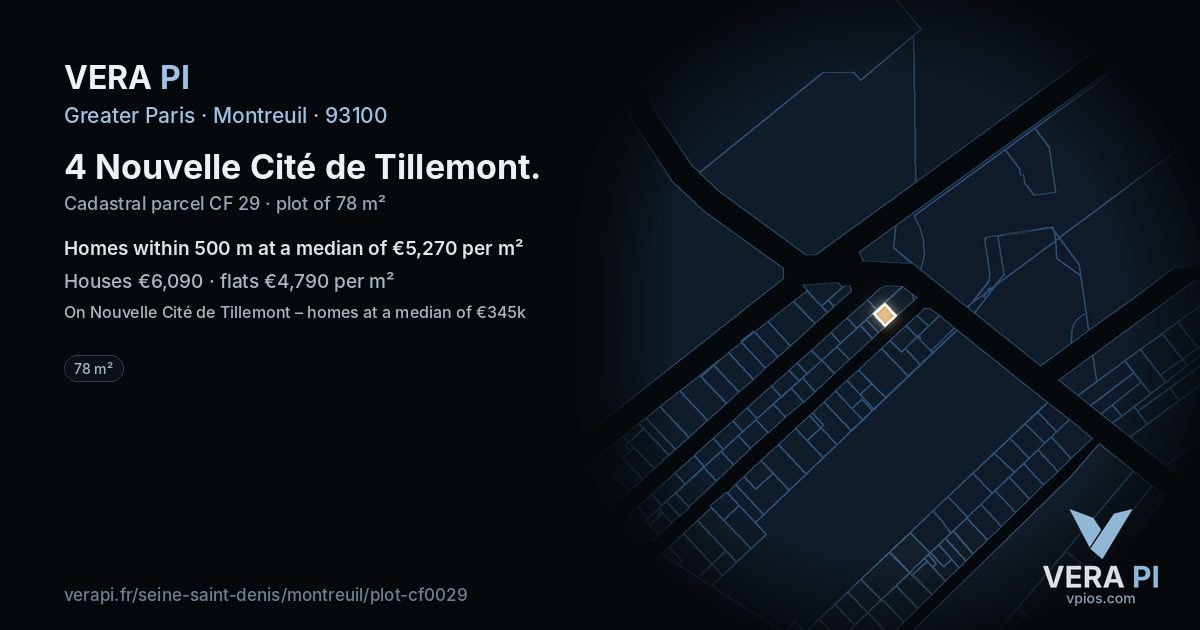 4 Nouvelle Cité de Tillemont, Montreuil at night – the plot lit, the parcels around coloured by the prices near them