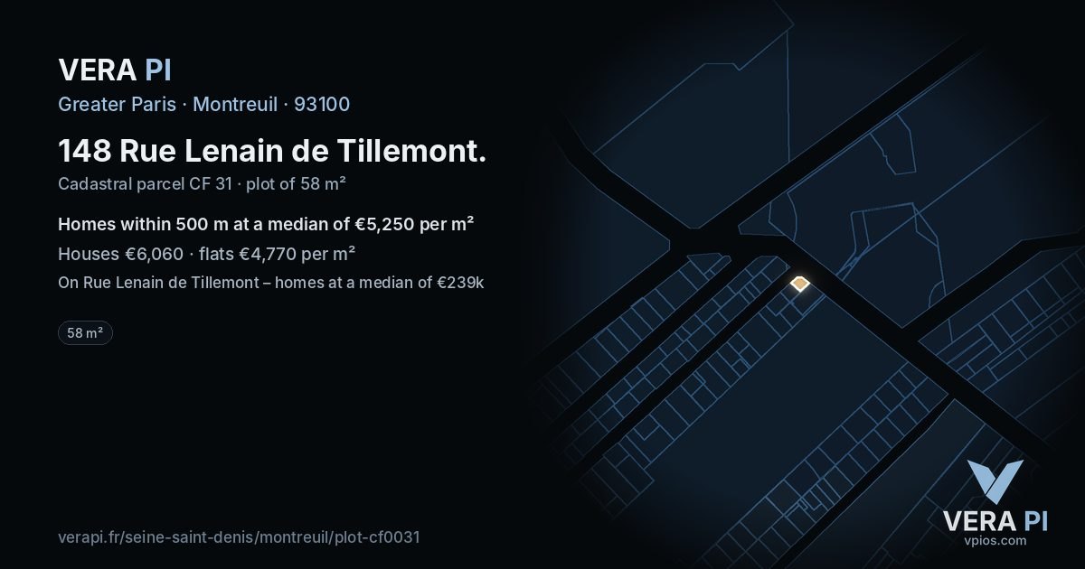 148 Rue Lenain de Tillemont, Montreuil at night – the plot lit, the parcels around coloured by the prices near them