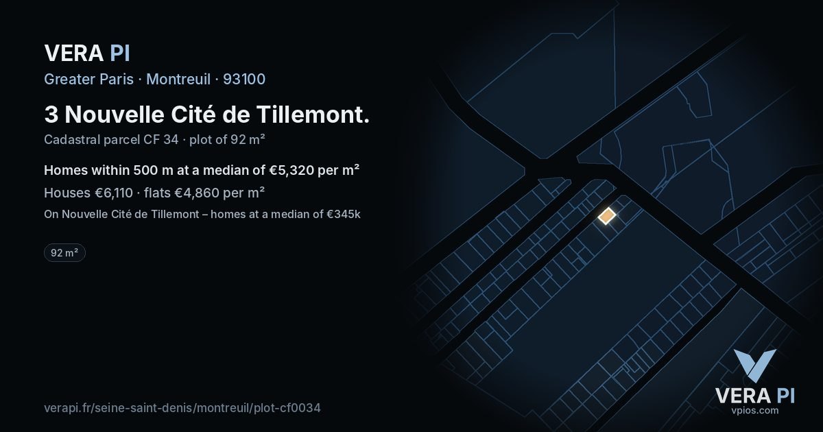 3 Nouvelle Cité de Tillemont, Montreuil at night – the plot lit, the parcels around coloured by the prices near them