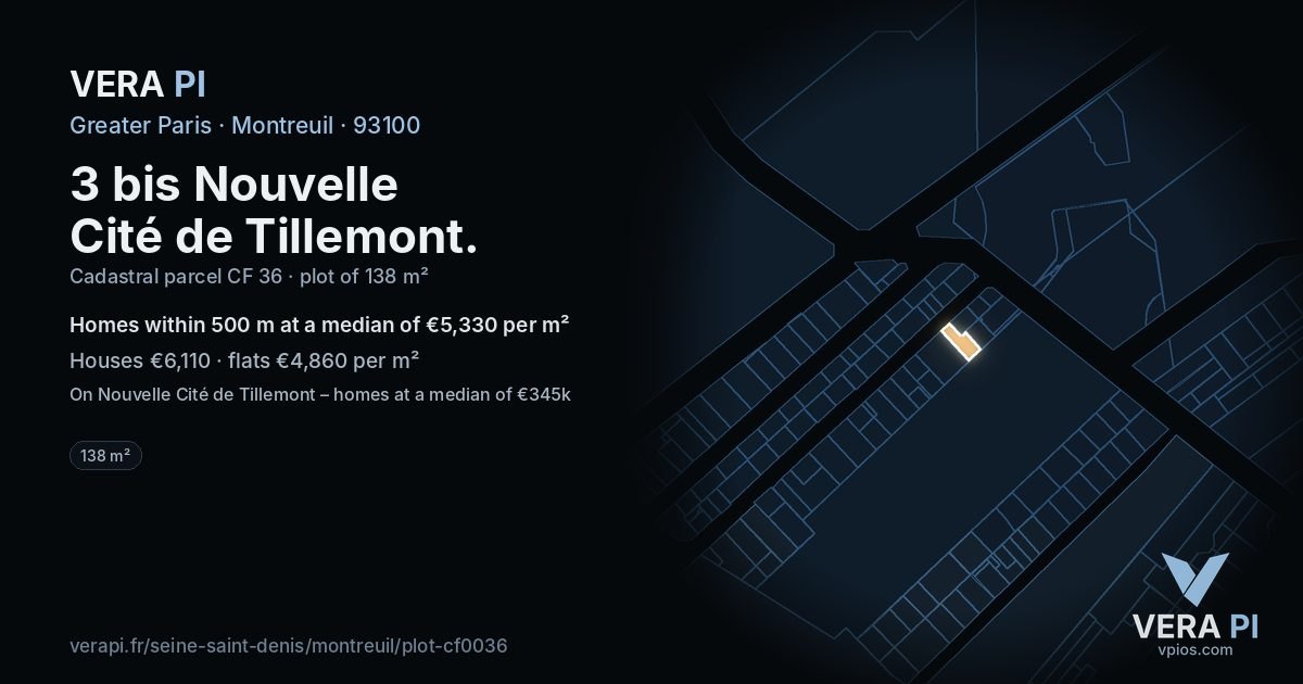 3 bis Nouvelle Cité de Tillemont, Montreuil at night – the plot lit, the parcels around coloured by the prices near them