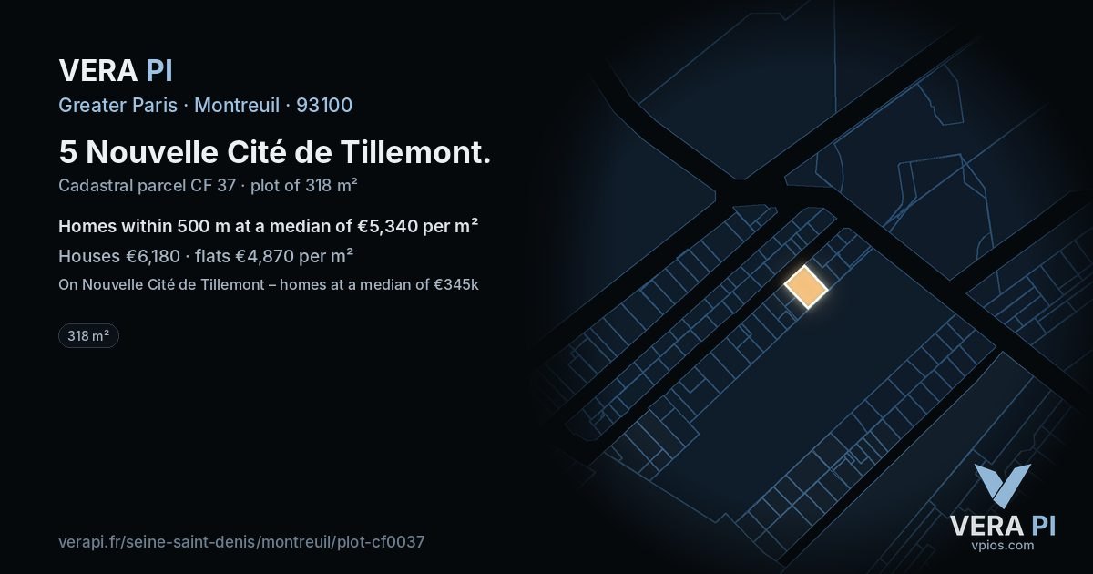 5 Nouvelle Cité de Tillemont, Montreuil at night – the plot lit, the parcels around coloured by the prices near them