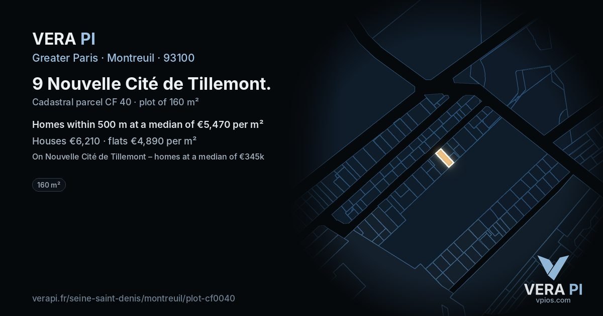 9 Nouvelle Cité de Tillemont, Montreuil at night – the plot lit, the parcels around coloured by the prices near them