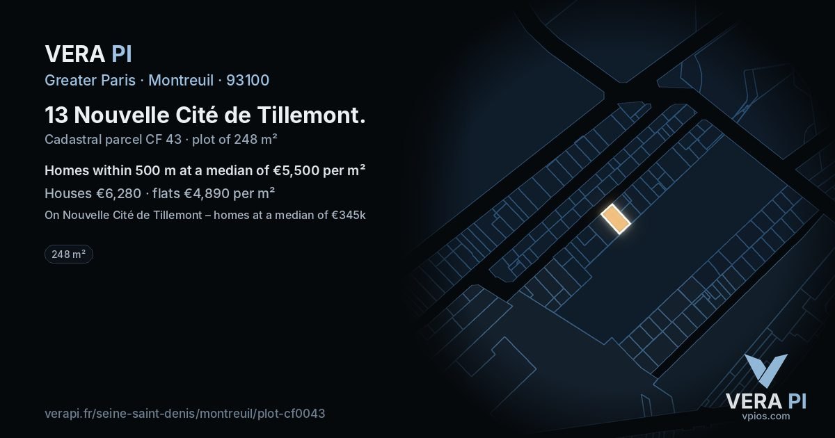 13 Nouvelle Cité de Tillemont, Montreuil at night – the plot lit, the parcels around coloured by the prices near them