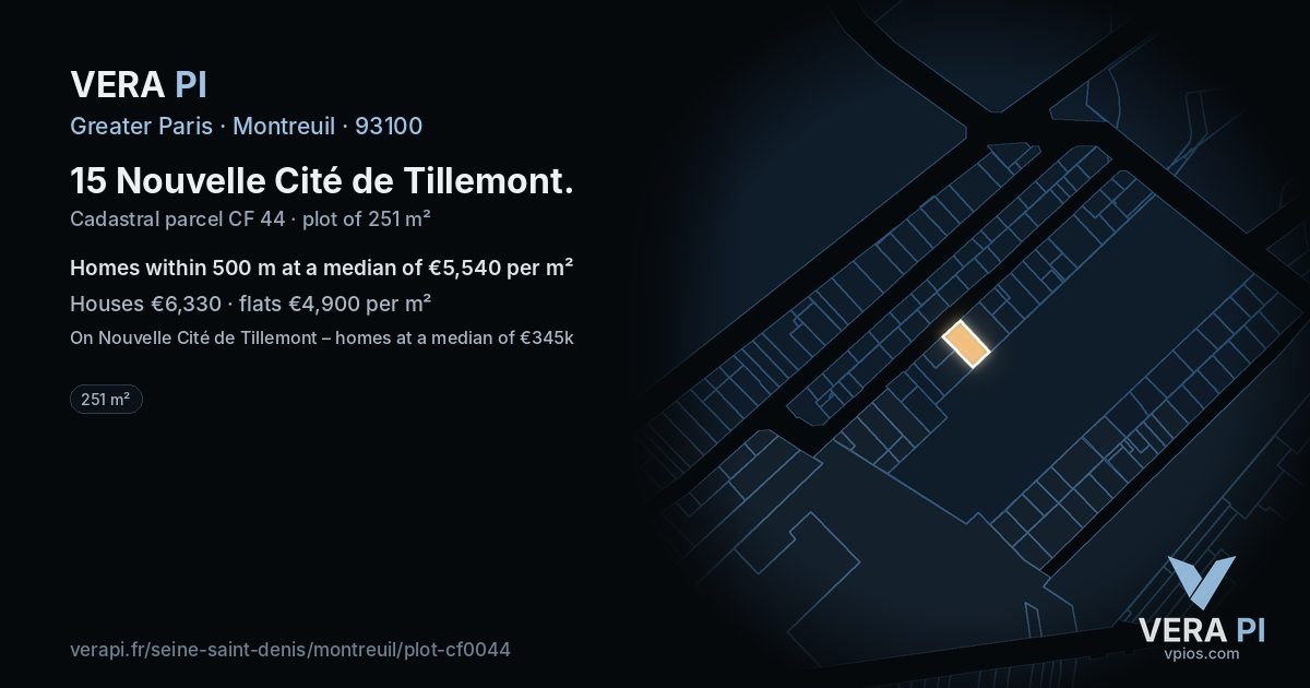 15 Nouvelle Cité de Tillemont, Montreuil at night – the plot lit, the parcels around coloured by the prices near them