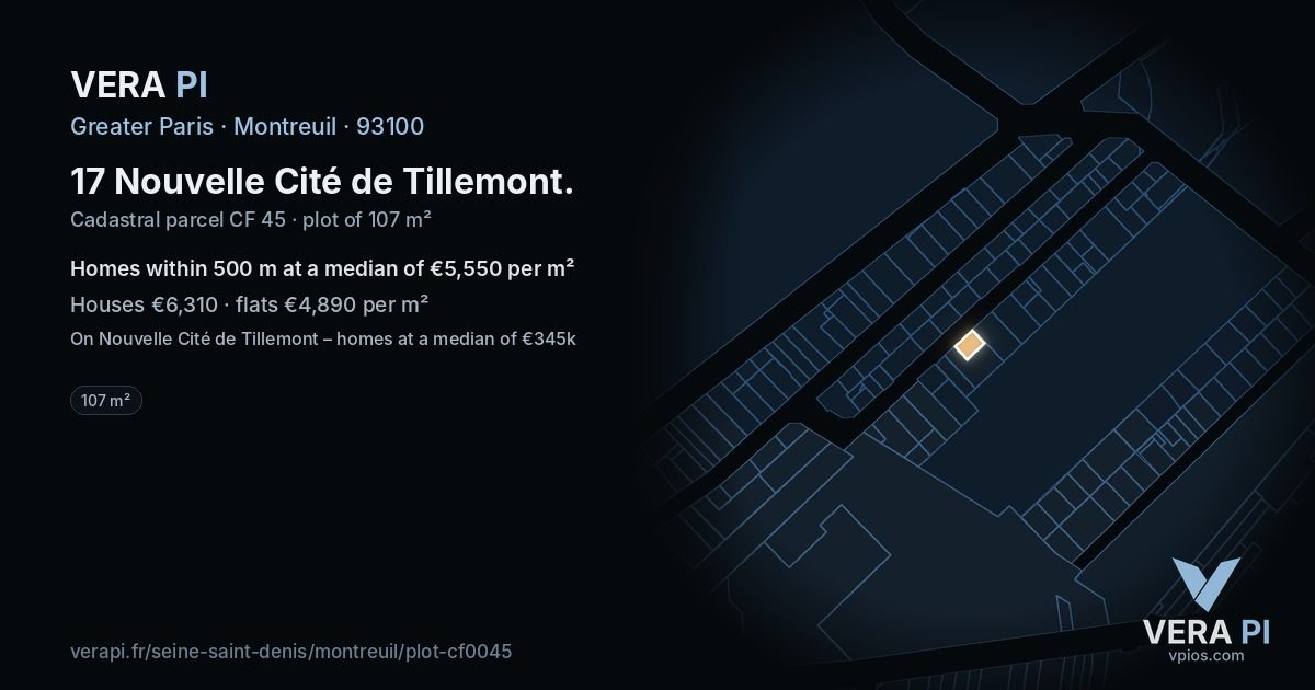 17 Nouvelle Cité de Tillemont, Montreuil at night – the plot lit, the parcels around coloured by the prices near them