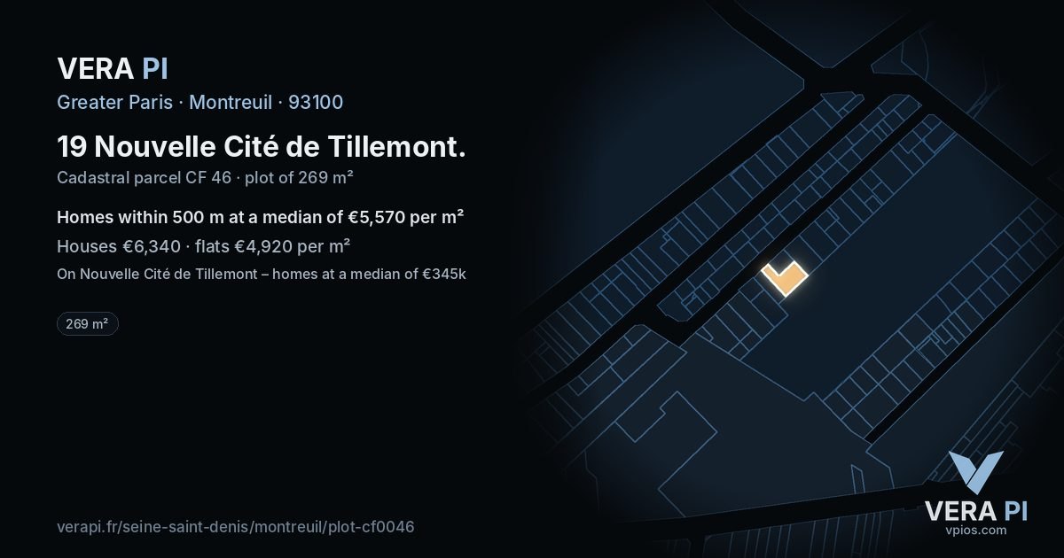 19 Nouvelle Cité de Tillemont, Montreuil at night – the plot lit, the parcels around coloured by the prices near them