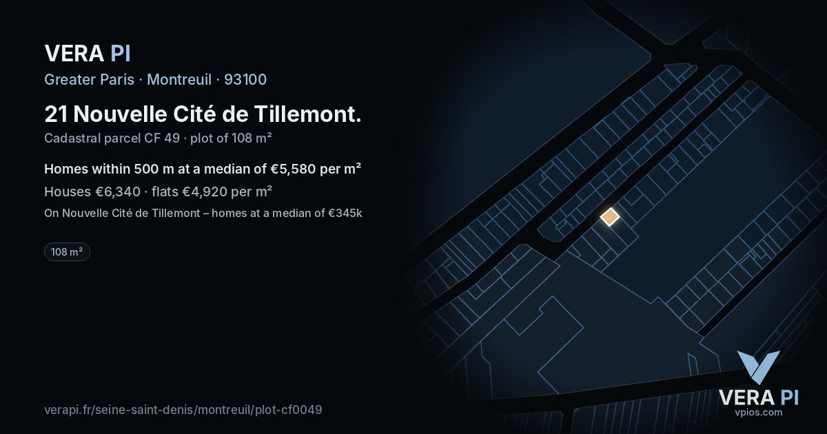 21 Nouvelle Cité de Tillemont, Montreuil at night – the plot lit, the parcels around coloured by the prices near them