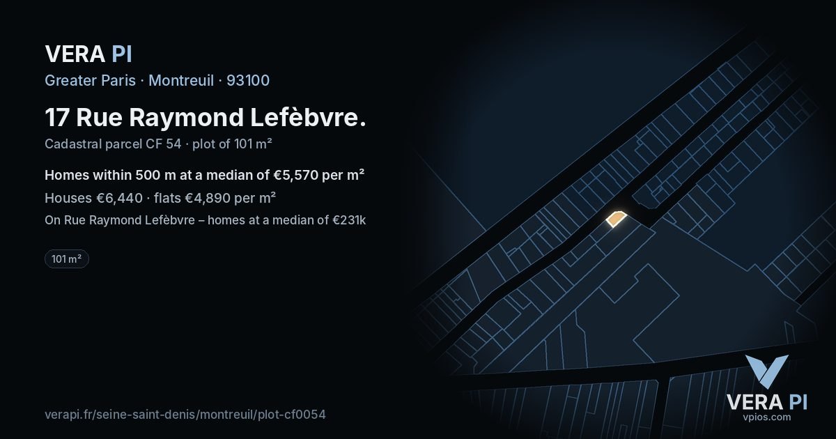 17 Rue Raymond Lefèbvre, Montreuil at night – the plot lit, the parcels around coloured by the prices near them