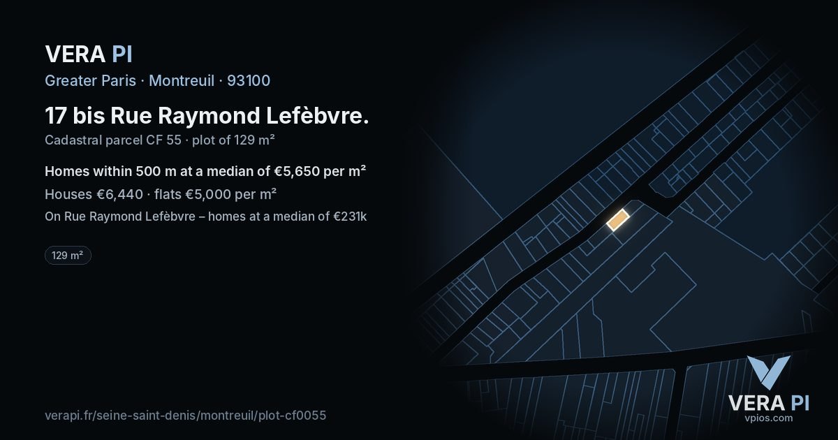 17 bis Rue Raymond Lefèbvre, Montreuil at night – the plot lit, the parcels around coloured by the prices near them