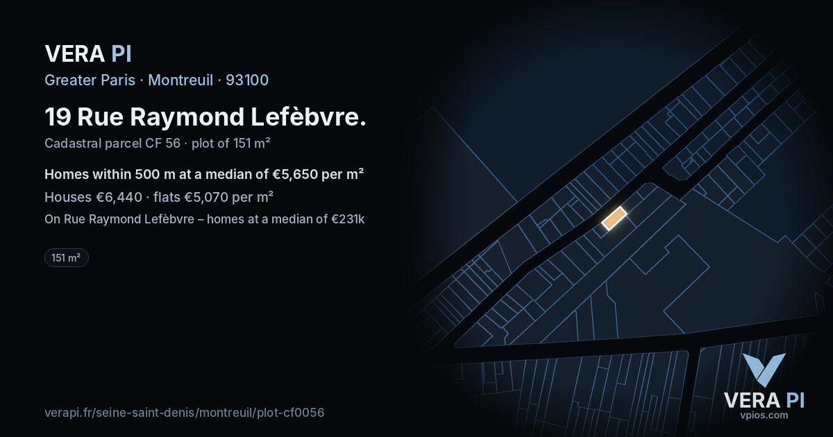 19 Rue Raymond Lefèbvre, Montreuil at night – the plot lit, the parcels around coloured by the prices near them