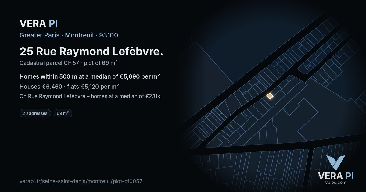 25 Rue Raymond Lefèbvre, Montreuil at night – the plot lit, the parcels around coloured by the prices near them