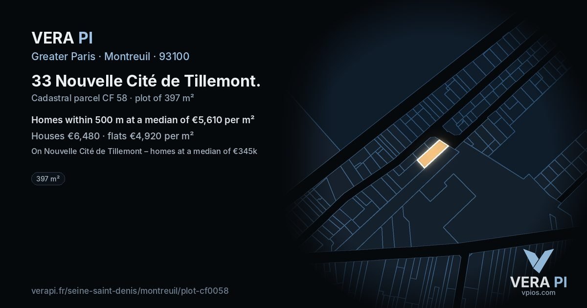 33 Nouvelle Cité de Tillemont, Montreuil at night – the plot lit, the parcels around coloured by the prices near them