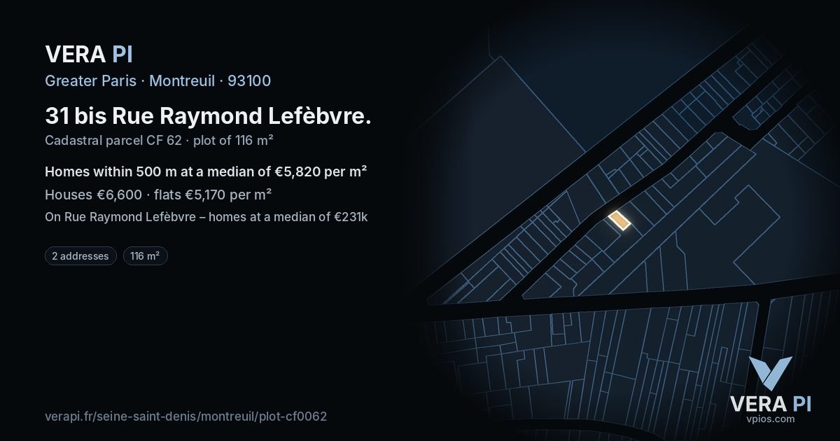 31 bis Rue Raymond Lefèbvre, Montreuil at night – the plot lit, the parcels around coloured by the prices near them