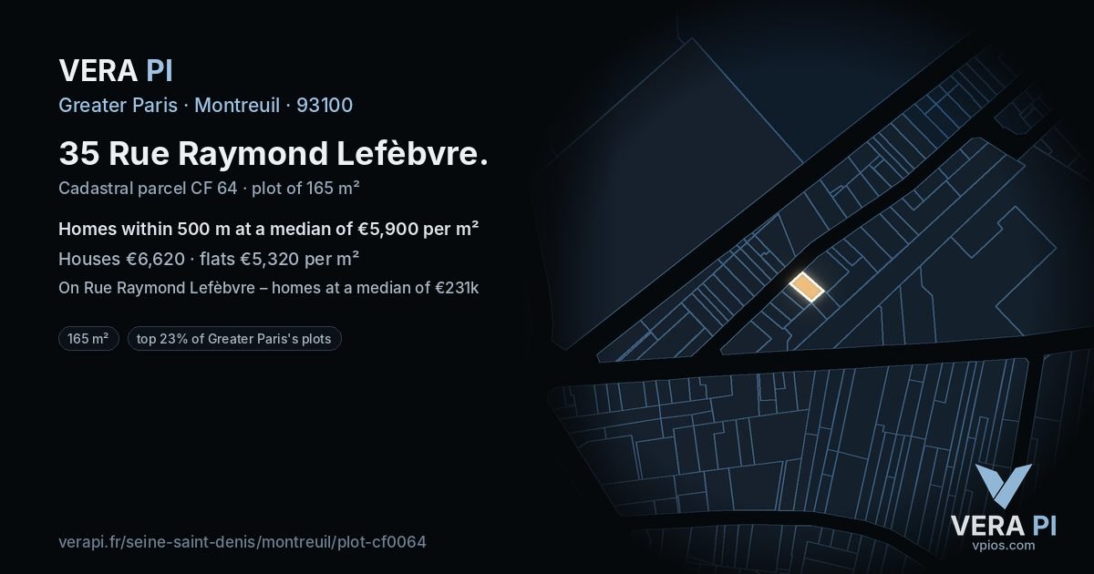 35 Rue Raymond Lefèbvre, Montreuil at night – the plot lit, the parcels around coloured by the prices near them