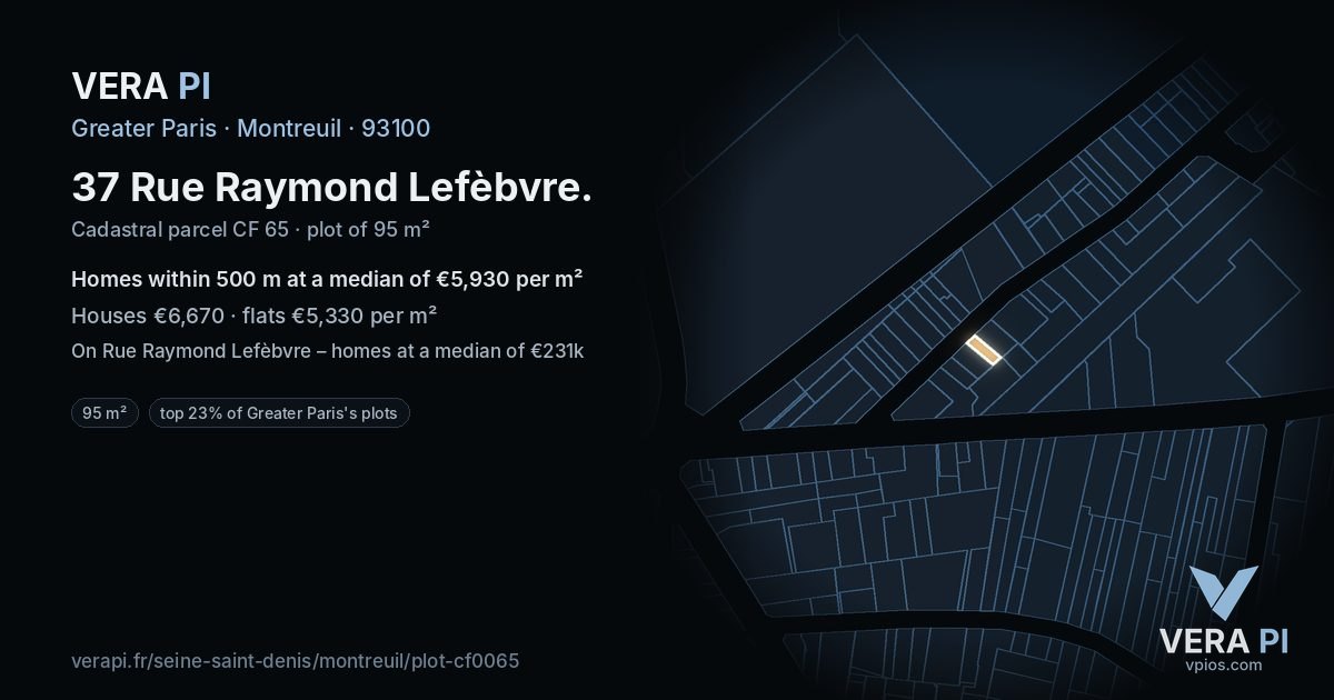 37 Rue Raymond Lefèbvre, Montreuil at night – the plot lit, the parcels around coloured by the prices near them