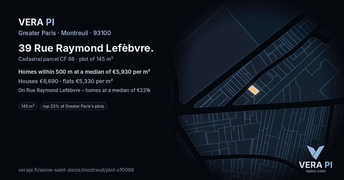 39 Rue Raymond Lefèbvre, Montreuil at night – the plot lit, the parcels around coloured by the prices near them