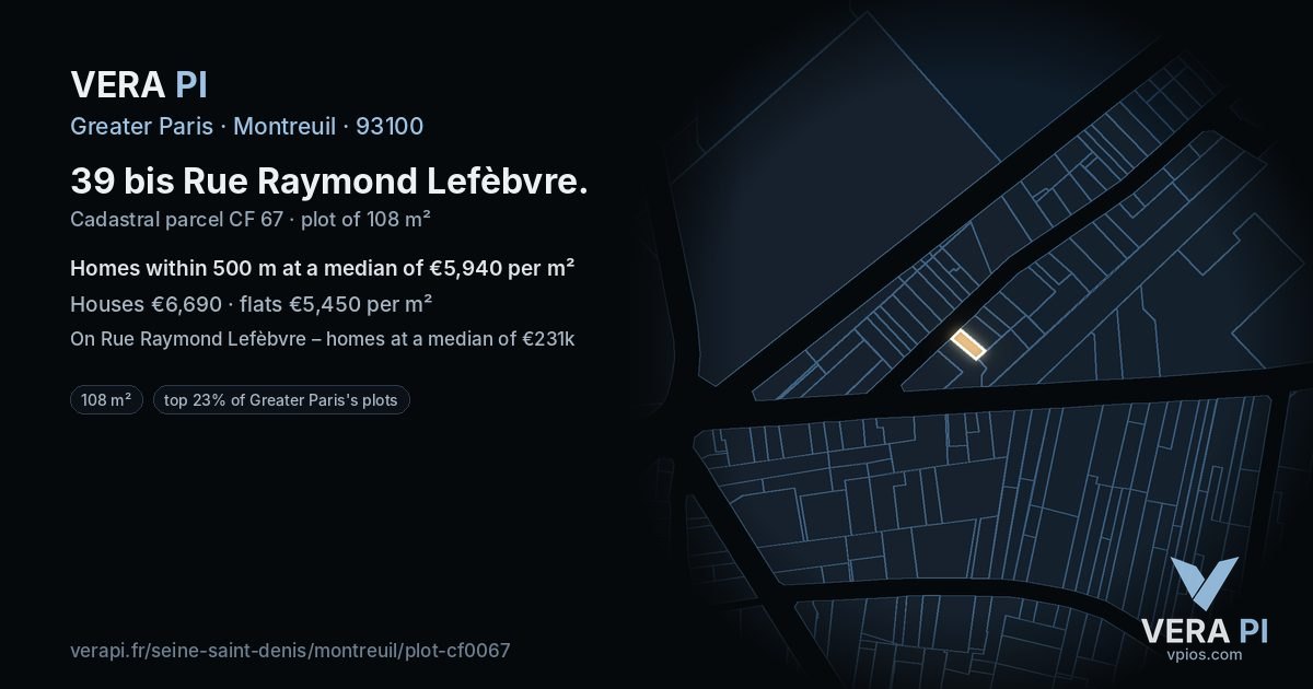 39 bis Rue Raymond Lefèbvre, Montreuil at night – the plot lit, the parcels around coloured by the prices near them