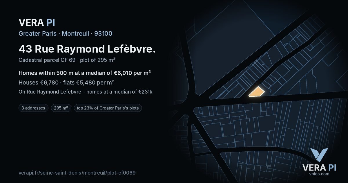 43 Rue Raymond Lefèbvre, Montreuil at night – the plot lit, the parcels around coloured by the prices near them
