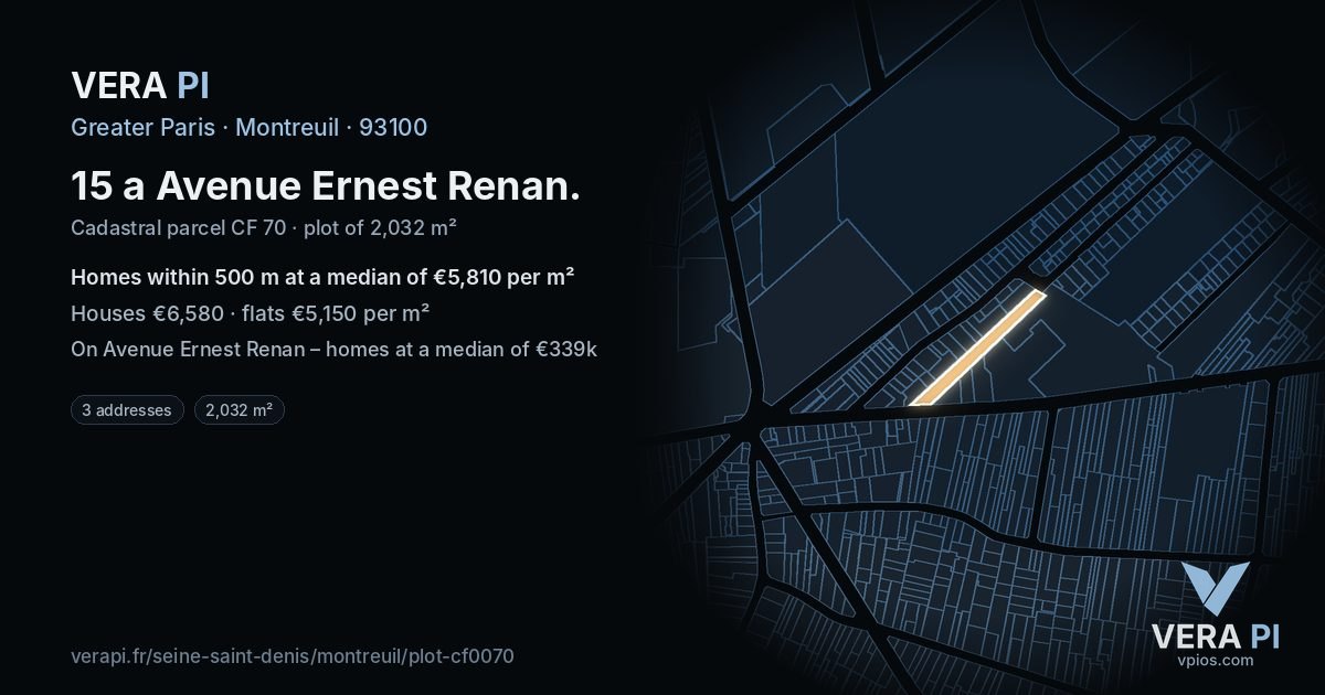 15 a Avenue Ernest Renan, Montreuil at night – the plot lit, the parcels around coloured by the prices near them