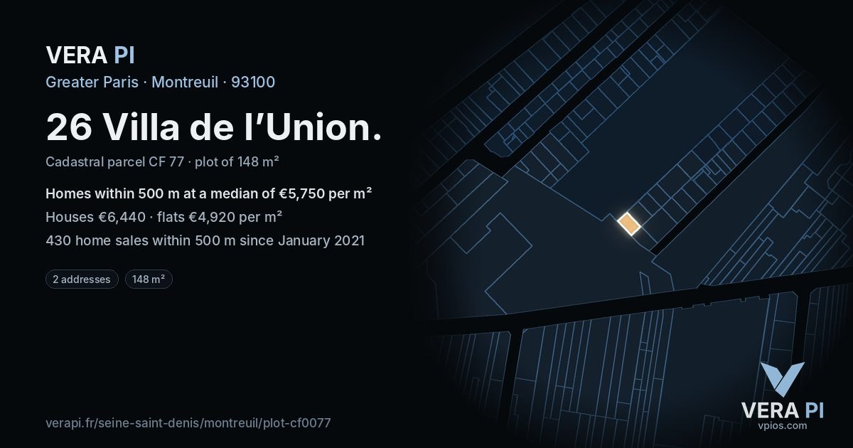 26 Villa de l’Union, Montreuil at night – the plot lit, the parcels around coloured by the prices near them