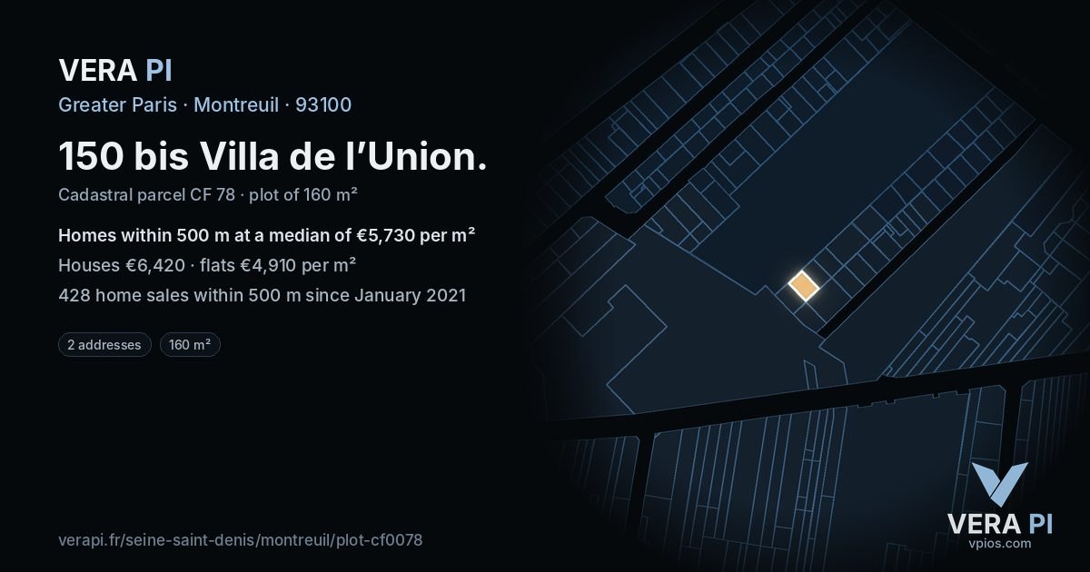 150 bis Villa de l’Union, Montreuil at night – the plot lit, the parcels around coloured by the prices near them