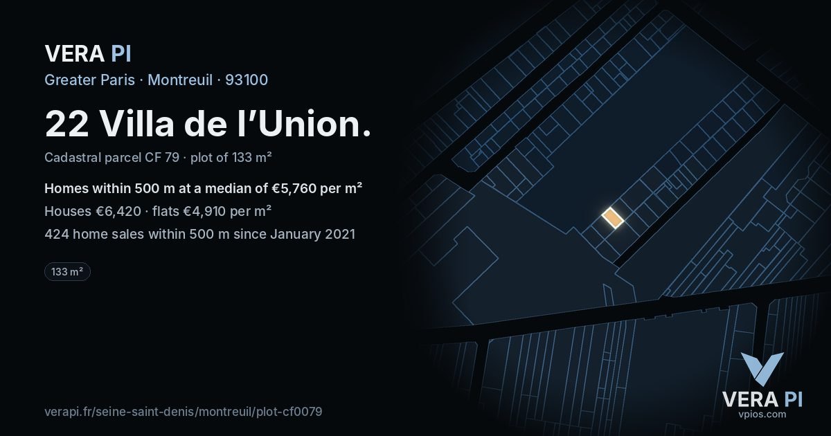 22 Villa de l’Union, Montreuil at night – the plot lit, the parcels around coloured by the prices near them