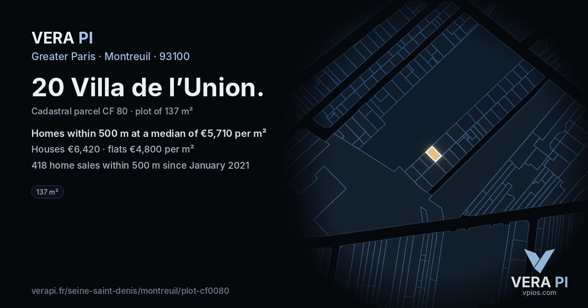 20 Villa de l’Union, Montreuil at night – the plot lit, the parcels around coloured by the prices near them