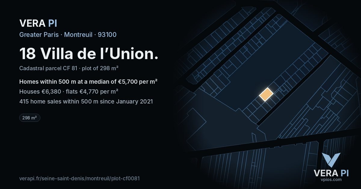 18 Villa de l’Union, Montreuil at night – the plot lit, the parcels around coloured by the prices near them