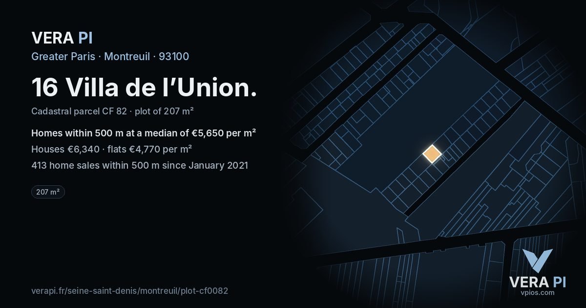 16 Villa de l’Union, Montreuil at night – the plot lit, the parcels around coloured by the prices near them