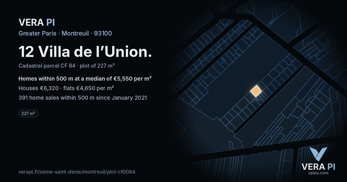 12 Villa de l’Union, Montreuil at night – the plot lit, the parcels around coloured by the prices near them